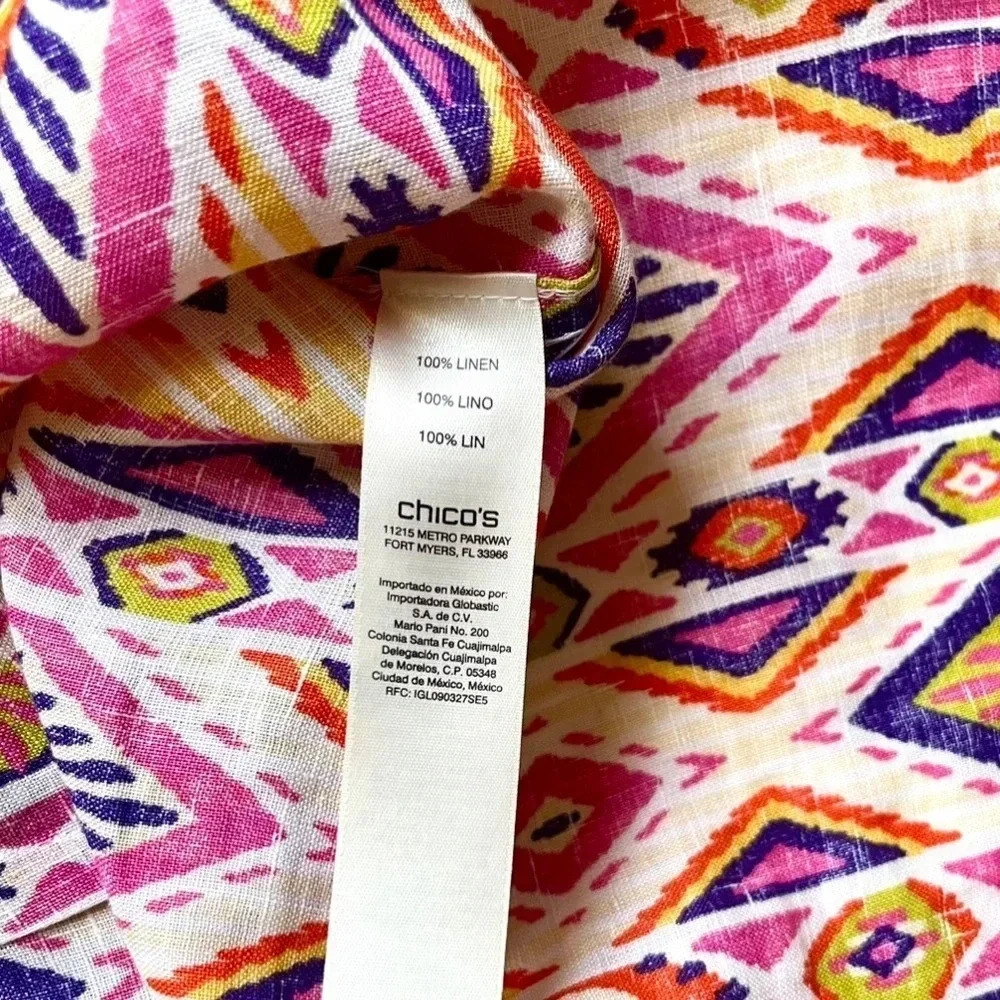Chico’s Ikat Linen Button Back 3/4 Sleeve Top Size Large - Picture 5 of 6